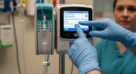 Close-up of clinician adjusting smart IV infusion pump in hospital, showcasing advanced medical technology and patient care precision for innovative healthcare solutions