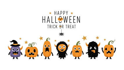 Spooky Halloween characters: A fun collection of adorable cartoon monsters and pumpkins come together to spread festive cheer, with a Happy Halloween banner displayed proudly.