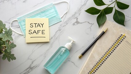 Stay Safe Message with Face Mask, Hand Sanitizer, Notepad, and Green Leaves on Marble Surface