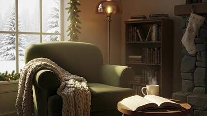 A cozy reading nook features a green armchair a chunky knit blanket a steaming mug and a window with a snowy view - Powered by Adobe