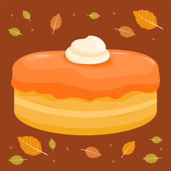 Pumpkin pie with whipped cream. Dry fall leaves on warm brown background. Autumn season Thanksgiving dinner and baked holiday sweet pumpkin cake dessert. Vector illustration