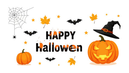 Halloween Decorations: A festive and creative illustration with jack-o'-lantern, witch's hat, bats, spiders, autumn leaves and spiderweb, perfect for setting a spooky mood and celebrating the holiday.