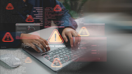 Hands typing on laptop with virtual system warning alerts, symbolizing cybersecurity threats, hacking risk, malware infection, error messages, and digital data protection issues in computer systems.