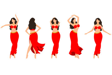 A young female belly dancer performing traditional dance moves and poses at a club, party or class while wearing a red costume with jewelery isolated on a white background