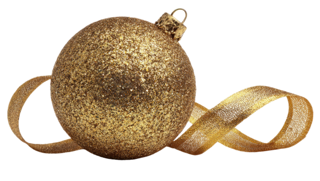 Golden Glittery Christmas Ornament with Flowing Ribbon Decoration.
