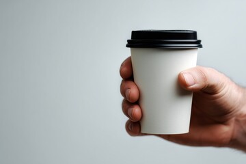 Hand Holding A White Coffee Cup Against A Light Gray Background