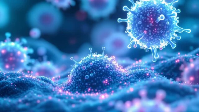 3 d microscopic visualization of tiny spherical exosomes glowing blue and purple interacting with cell membrane structures scientific biomedical research concept