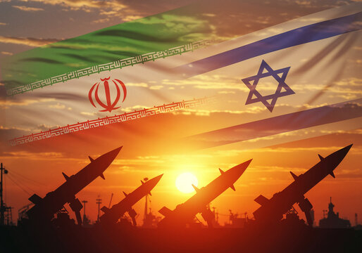 Silhouette of missiles against a sunset sky with the flags of iran and israel superimposed, symbolizing conflict and tension between the two nations