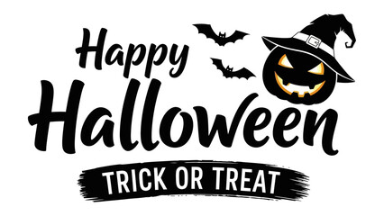 Happy Halloween: Festive typography illustration with a pumpkin wearing a witch hat and flying bats against a plain background, capturing the playful spirit of the spooky season.