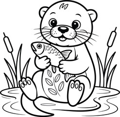 Whimsical line art drawing of a fish swimming near a plant in water isolated on white background