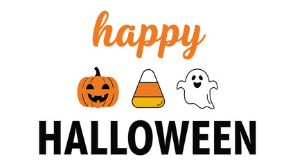 Happy Halloween illustration: A festive composition of a carved pumpkin, candy corn, and a friendly ghost. Happy Halloween text, conjuring the fun and mystery of this spooky time.