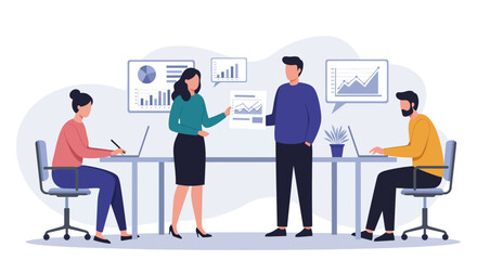 business meeting analyzing financial data colleagues collaborating in a modern office reviewing charts and graphs illustrating teamwork  strategy
