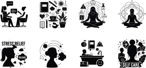 Mental health vector illustration, self care, stress relief, therapy, meditation, mindfulness, wellness, relaxation, counseling, emotional balance, black white design