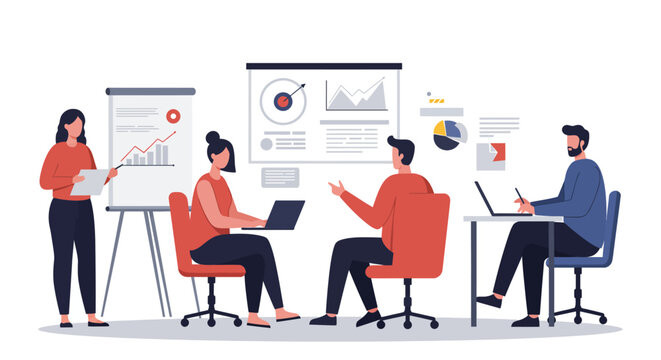 Business meeting analyzing data graphs team collaboration in office discussing strategy for corporate presentation  showcasing teamwork effectiveness.