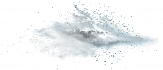 Abstract swirling light blue particles bursting and splattering isolated on transparent background