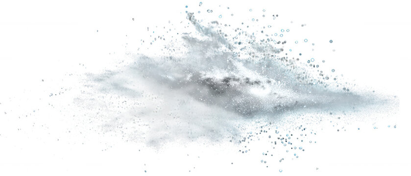 Abstract swirling light blue particles bursting and splattering isolated on transparent background
