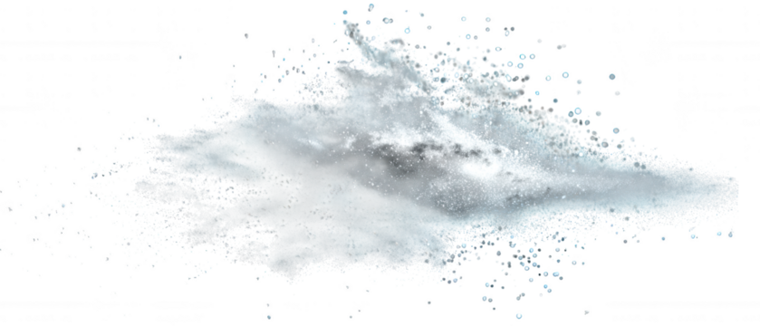 Abstract swirling light blue particles bursting and splattering isolated on transparent background