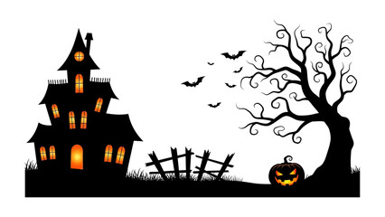 Spooky Halloween: A silhouetted haunted house, perched on a hill, stands in the chilling evening air. With ominous trees, bats, and a carved pumpkin adding to the scene.
