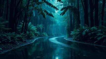 Naklejka premium Serene Forest Road: A winding road cuts through a mystical forest. The scene is imbued with a sense of mystery and serenity, the road reflecting the ethereal sky.