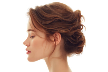 Fototapeta premium Profile of young caucasian female with elegant updo hairstyle, cut out