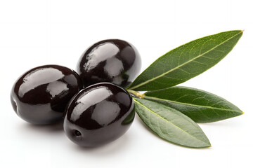 Black Olives with Olive Leaves: A captivating photo of three glossy, black olives accompanied by fresh olive leaves, presented in perfect focus.