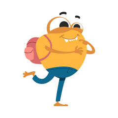 Comic Monster Character with Smiling Face and Backpack Vector Illustration