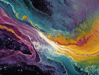 Abstract Fluid Acrylic Painting: Vibrant Teal, Purple, and Gold Swirls with Cosmic Texture.