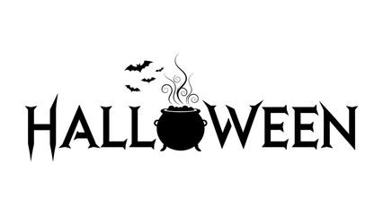 Mysterious Halloween Logo: Spooky black text art featuring a cauldron, bat silhouettes, and witchy essence creates a captivating holiday-themed design. 