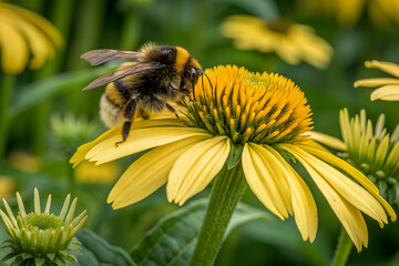 Buzzing Beauty: A close-up shot of a fluffy bumblebee delicately collects nectar from a vibrant yellow flower, capturing the essence of nature's harmony.