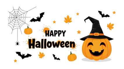 Happy Halloween with Pumpkin and Bats: Spooky and fun Halloween composition. This image features a cheerful pumpkin, bats, spider web.