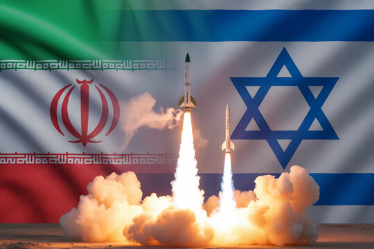 Two rockets launching with smoke and fire, with the flags of iran and israel in the background, symbolizing geopolitical tension and conflict
