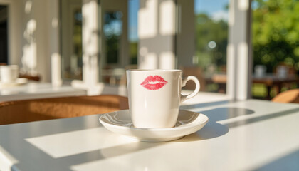 Porcelain teacup with lipstick print on sunny caf&eacute; table, intimate moment