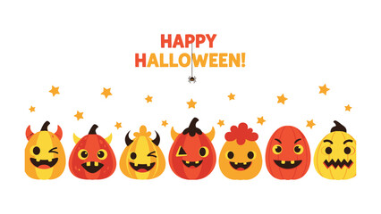 Whimsical Halloween Pumpkin Parade: A delightful illustration showcases a cheerful array of cartoon pumpkins with varied expressions and designs, complemented by festive text.