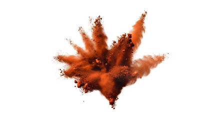 A vibrant splash of deep terracotta colored powder exploding outwards. Isolated abstract clay dust cloud floating mid-air on a transparent background