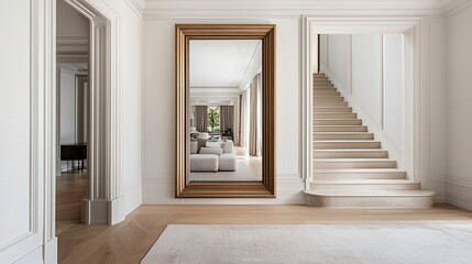 A stylish interior space featuring a large mirror, elegant staircase, and modern furnishings, showcasing a blend of sophistication and contemporary design.