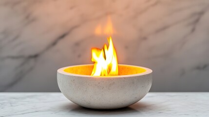 A modern fire bowl with a vibrant flame, set against a sleek marble background, creating a warm and inviting ambiance.
