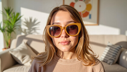 Obraz premium Young girl wearing oversized sunglasses in bright living room, style statement