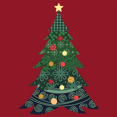 Abstract Christmas Tree with patterns, decorations and baubles on the branches, isolated on a burgundy background. Holiday graphic for a party invitation or greeting card