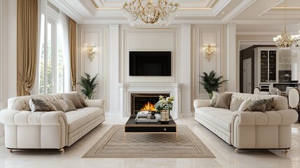 A luxurious living room featuring elegant furniture, a cozy fireplace, and classic decor, creating a warm and inviting atmosphere.
