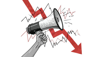 A hand holding a megaphone against a background of a downward red arrow and jagged lines, symbolizing a warning about decline or crisis.