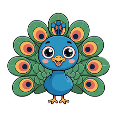 Cute cartoon peacock with vibrant fanned tail feathers isolated on white background