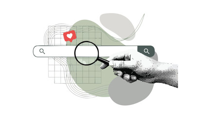 Discovering valuable insights with a magnifying glass over a search bar and a liked notification, representing online research and engagement.
