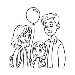  Happy Family Line Art with Smiling Girl, Loving Mom and Dad. 