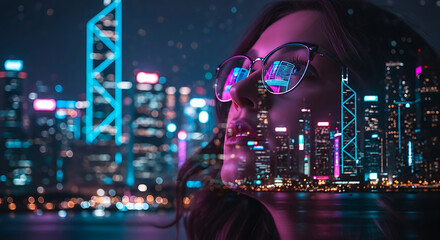 Woman wearing glasses reflecting a futuristic neon city skyline at night with vibrant lights
