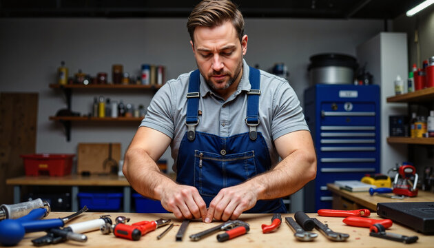 Focused man organizing tools on workbench in garage, tool management