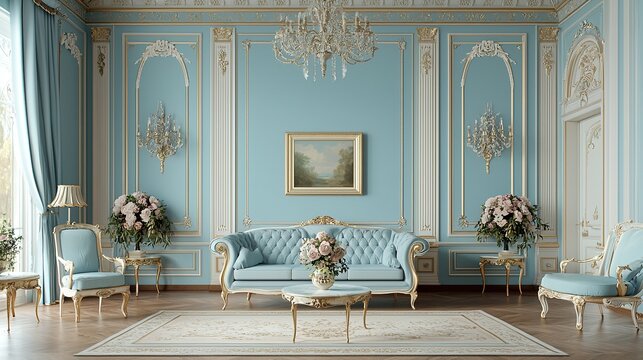 A luxurious blue-themed living room featuring elegant furniture, chandeliers, and floral decorations, creating an inviting and sophisticated atmosphere.
