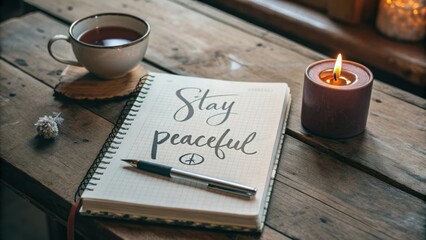 Cozy workspace with handwritten note reminding to stay peaceful, cup of tea, candle, and wooden table ambiance