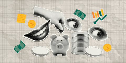 Trendy paper cutout collage elements with doodles. Halftone money stickers. Modern collage template. 