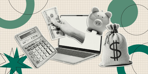 Trendy paper cutout collage elements with doodles. Halftone money stickers. Modern collage template. 