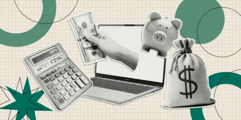 Gardinen Pop Art Trendy paper cutout collage elements with doodles. Halftone money stickers. Modern collage template.   © Alexandra Lipina